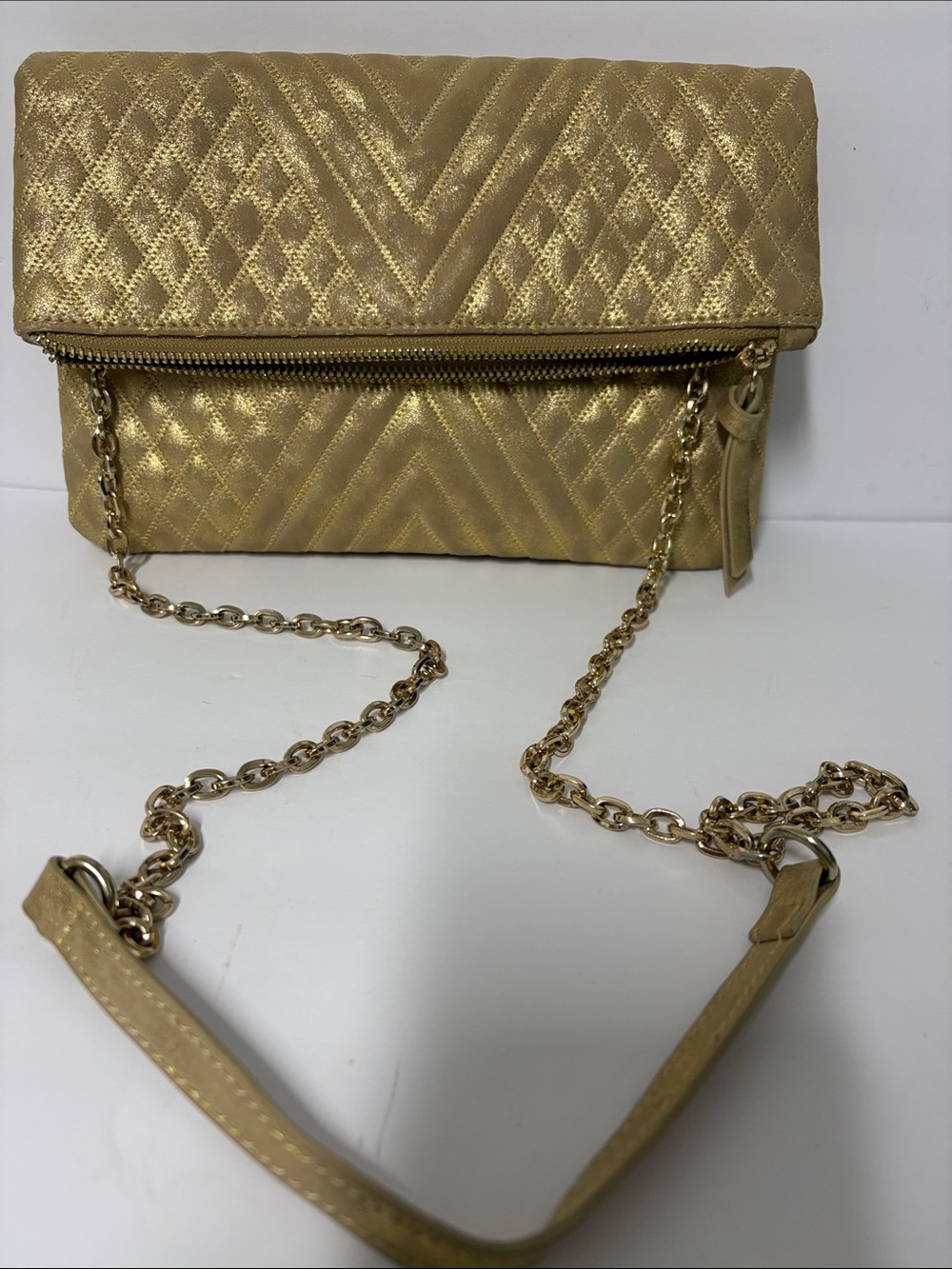 Gold Quilted Chain-strap Foldover Crossbody Bag